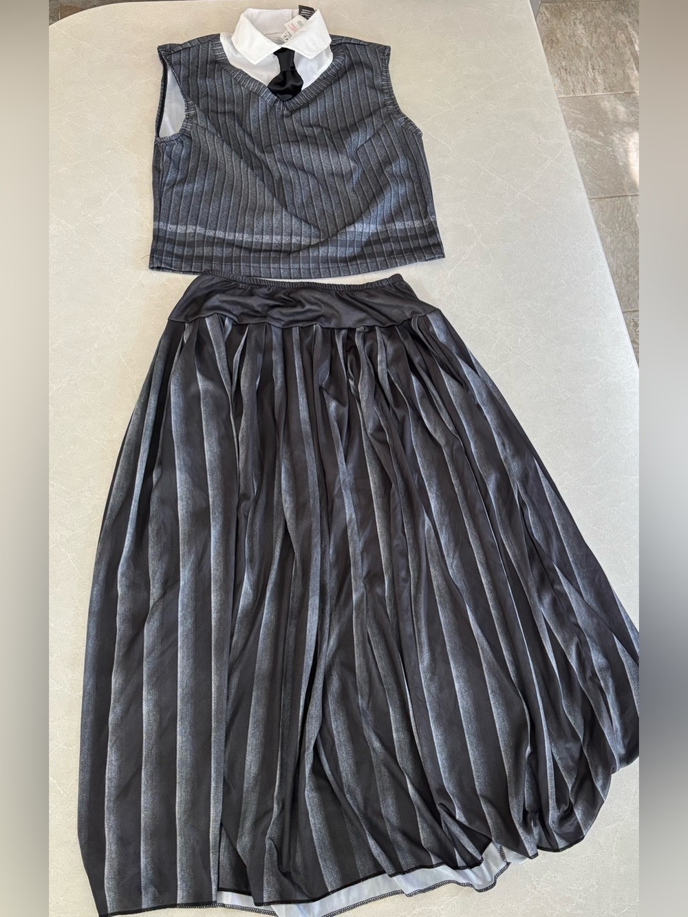 Wednesday Addams Cosplay Costume Set Grey Pinstripe Crop Vest & Pleated Maxi S